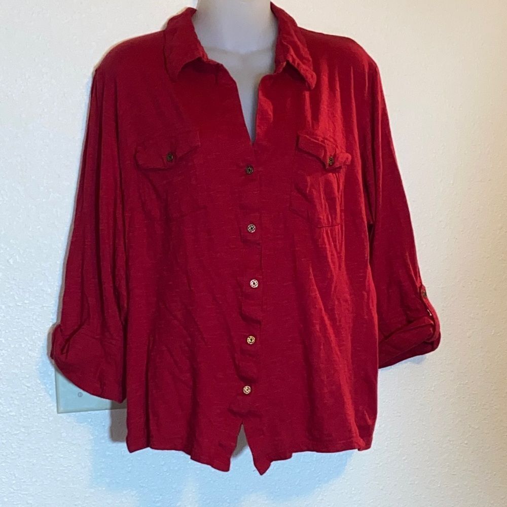 Rebecca Malone Woman Crimson Long-Sleeve Button-Down Shira Size 2X Stretch